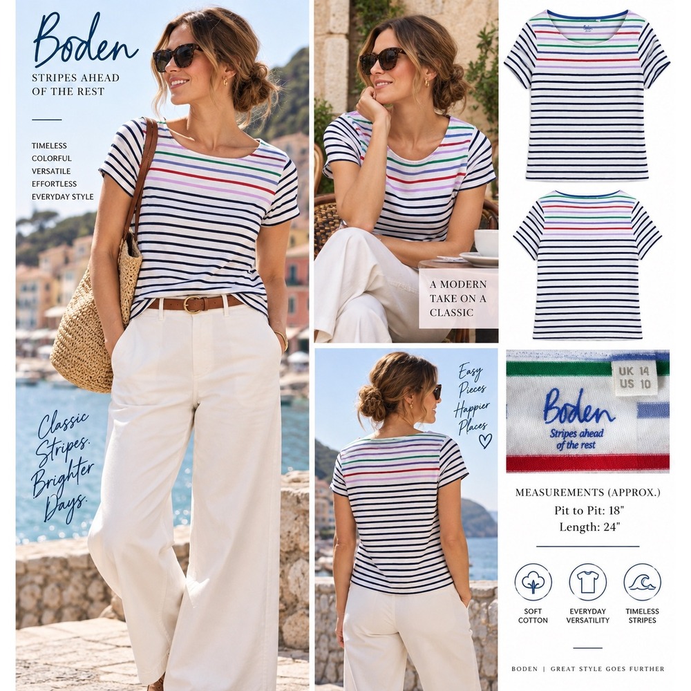 Boden Womens 10 Breton Striped Tee Multicolor Coastal Nautical Short Sleeve Prep